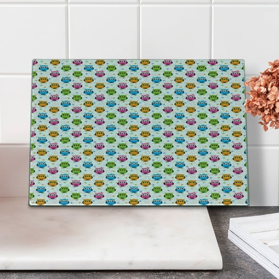 Owls Cutting Board, Lively Colored Fun Cartoon Happy Mascots Colorful Pattern with Circles and Dots, Decorative Tempered Glass Cutting and Serving Board, Small Size, Multicolor, by Ambesonne