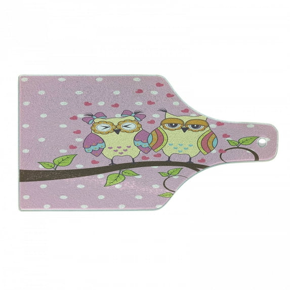 Owls Cutting Board, Owls in Love on Branch Polkadots Leaves Hearts Romance Theme, Decorative Tempered Glass Cutting and Serving Board, Wine Bottle Shape, Pale Yellow Apple Green, by Ambesonne
