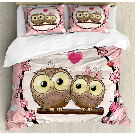 Ambesonne Owls Duvet Cover Set, Couple on Branch, King, Coral Brown Pale Yellow