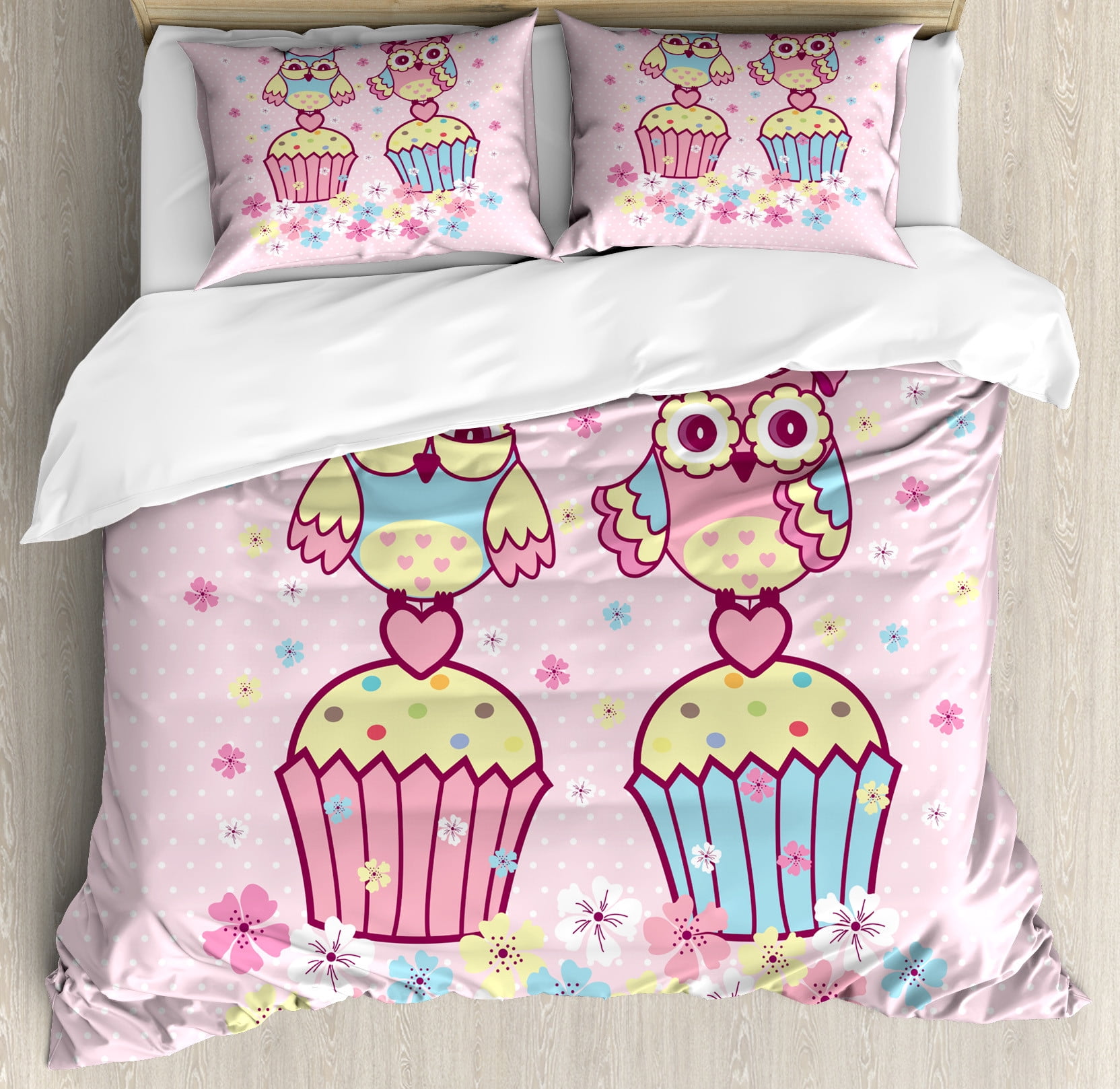 Owls Duvet Cover Sets, 2 Owl Couples on Cupcakes Springtime Happiness