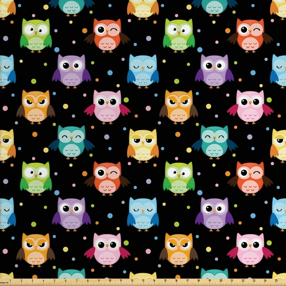 Ambesonne Owls Fabric by the Yard Upholstery, Funny Confused Serious, 5 Yards, Black Multicolor