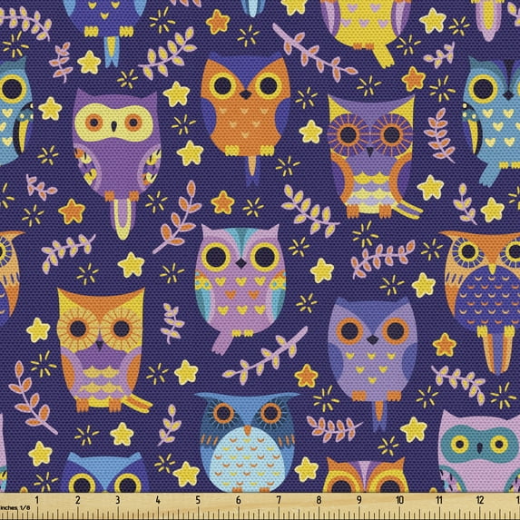 Ambesonne Owls Fabric by the Yard Upholstery, Leaves Stars Comic, 10 Yards, Multicolor