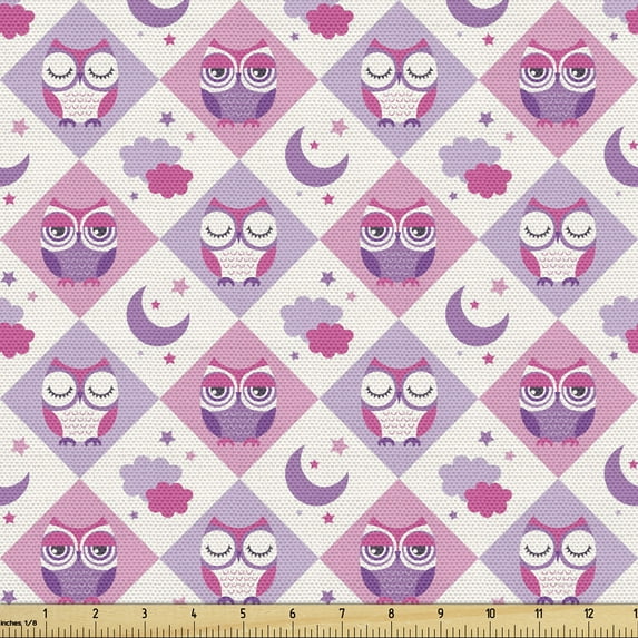 Ambesonne Owls Fabric by the Yard Upholstery, Sleeping Birds Moon Stars, 10 Yards, Pink Lavender