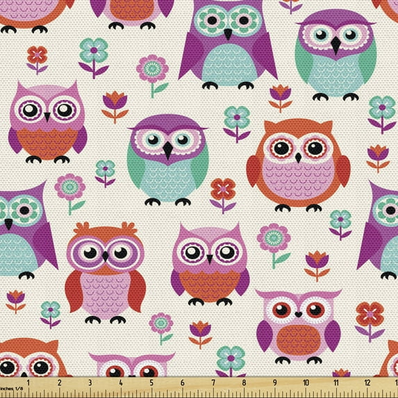 Ambesonne Owls Fabric by the Yard Upholstery, Happy Modern, 2 Yards, Orange Fuchsia Seafoam