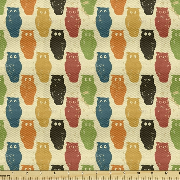 Ambesonne Owls Fabric by the Yard Upholstery, Retro Grunge Halloween, 3 Yards, Multicolor