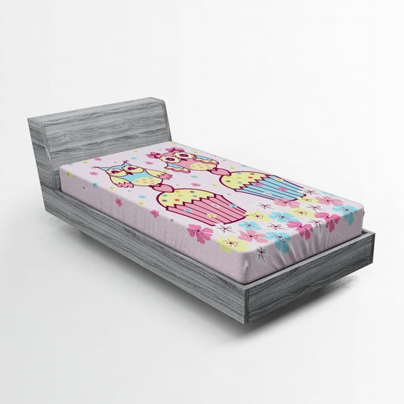 Owls Fitted Sheet, 2 Owl Couples on Cupcakes Springtime Happiness Romantic Children Art, Soft Decorative Fabric Bedding, Twin Size, Pale Pink Sky Blue, by Ambesonne