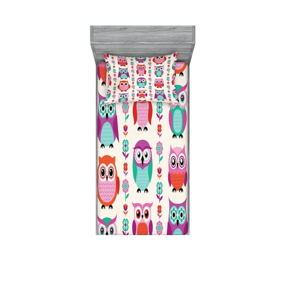 Owls Fitted Sheet & Pillow Sham Set, Owls in Vertical Line Flower Strings Vibrant Spring Colors Art, Decorative Printed 4 Piece Bedding Decor Set, Twin, Orange Fuchsia Seafoam, by Ambesonne