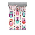 thumbnail image 1 of Owls Fitted Sheet & Pillow Sham Set, Owls in Vertical Line Flower Strings Vibrant Spring Colors Art, Decorative Printed 6 Piece Bedding Decor Set, King, Orange Fuchsia Seafoam, by Ambesonne, 1 of 3
