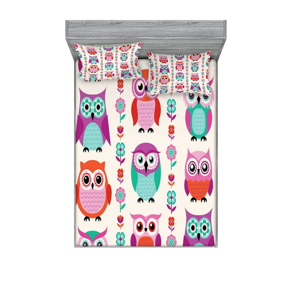 Owls Fitted Sheet & Pillow Sham Set, Owls in Vertical Line Flower Strings Vibrant Spring Colors Art, Decorative Printed 6 Piece Bedding Decor Set, King, Orange Fuchsia Seafoam, by Ambesonne