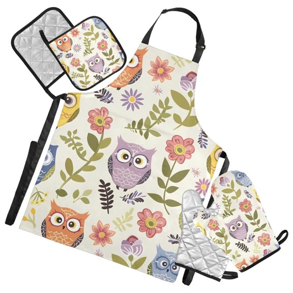Owls Flower Plant 5 Pcs Kitchen Set Heat Resistant Oven Mitts and Non-Slip Pot Holders with Adjustable Cooking Apron