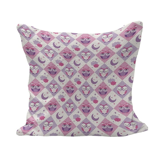 Owls Fluffy Throw Pillow Cushion Cover, Sleeping Owls in Diamond Pattern Half-Moon Stars Clouds Night Time Goodnight Art, Decorative Square Accent Pillow Case, 26" x 26", Pink Lavender, by Ambesonne