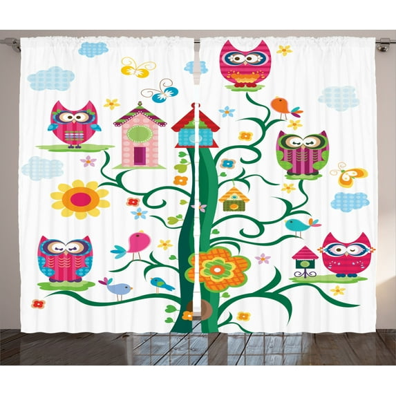Ambesonne Colorful Curtains 2 Panel Set, Owls on Tree with Dots, 108" x 84", Multicolor