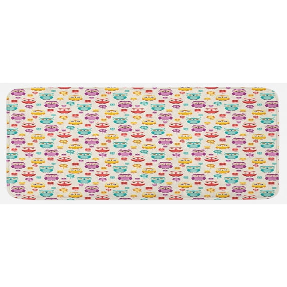 Owls Kitchen Mat, Lilies Popies and Daisies Lively Colored Nostalgic Characters Design, Plush Decorative Kitchen Mat with Non Slip Backing, 47" X 19", Multicolor, by Ambesonne