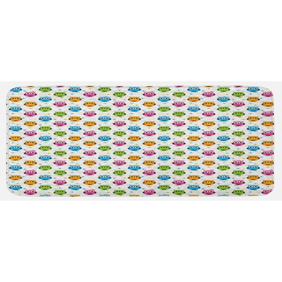 Owls Kitchen Mat, Lively Colored Fun Cartoon Happy Mascots Colorful Pattern with Circles and Dots, Plush Decorative Kitchen Mat with Non Slip Backing, 47" X 19", Multicolor, by Ambesonne