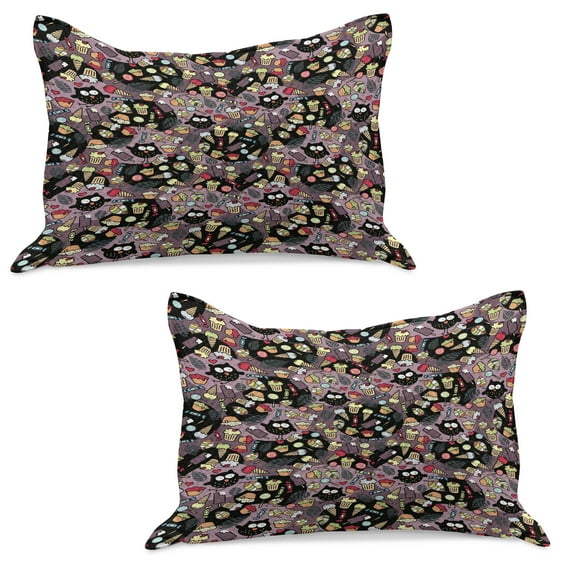 Owls Knitted Quilt Pillowcover Set of 2, Crazy Owls and Tasty Delicious Sweets Cupcakes Ice Cream Candy and Abstract Leaves, Standard Queen Pillow Sham Bedroom, 30" x 20", Multicolor, by Ambesonne
