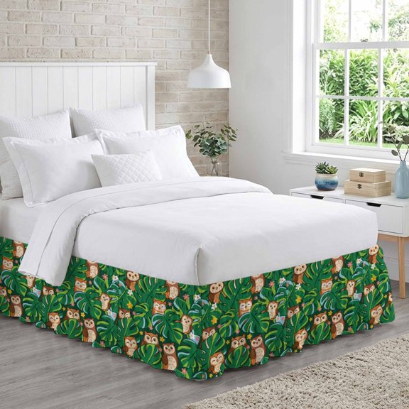 Owls Leaf Bed Skirt Queen Size 18 Inch Drop, Summer Cartoon Cute Owls Palm Leaves Floral Blue Adjustable Elastic Dust Ruffles Bedskirt for Queen Bed Wrap Around Pleated Mattress Frame Cover