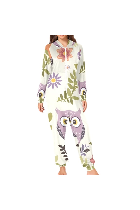 Owls Leaves Colorful Flowers Adult's Hoodie Onesie Jumpsuit One-Piece Pajamas with Zipper Unisex for Holiday M