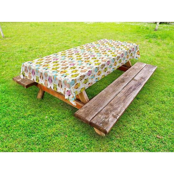 Owls Outdoor Tablecloth, Artistic Floral Bird Figures Daisies Oranges Sunglasses Stripes Swirls Hearts Colorful, Decorative Washable Fabric Picnic Tablecloth, 58 X 120 Inches, Multicolor, by Ambesonne