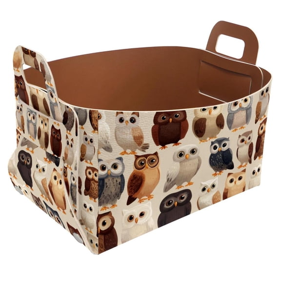 Owls Pattern Storage Basket Collapsible Storage Bin, PU Foldable Basket Convenient Box Storage Organizer with Handles for Shelves Office Bedroom Closet Nursery Toys Laundry