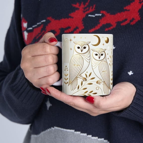 Owls Perched Side Bide Mug Ceramic Owl Coffee Cup.