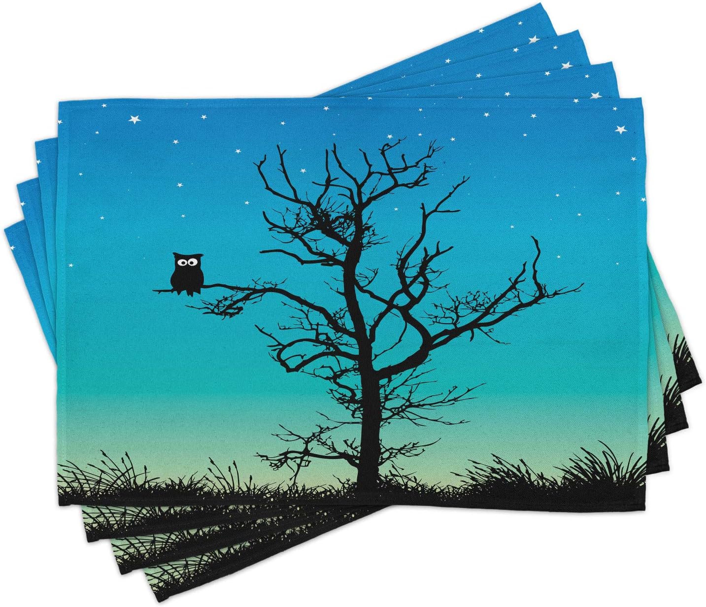 Owls Place Mats Set Of 4, Owl In Winter Tree Under Night Sky With Stars
