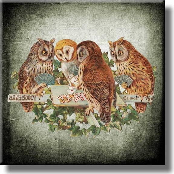 Owls Playing Poker Picture on Stretched Canvas, Wall Art Dcor, Ready to Hang
