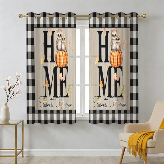 Owls Pumpkin Sheer Curtains 39 Inch Long 2 Panels, Wood Grain Black White Checkered Edge Light Filtering Semi Sheer Drapes Grommet Voile Window Curtain for Living Bedroom W27.9 x L39
