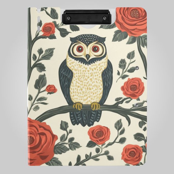 Owls Roses Leaves Symmetric Pattern Foldable Binder Folder Clipboard with Pen Slot Double Clips A4 Size File Storage