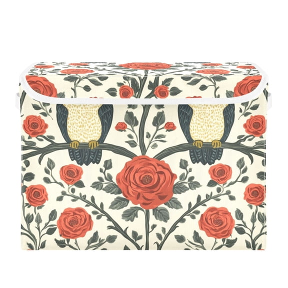 Owls Roses Leaves Symmetric Pattern Foldable Storage Bin with Lid and Handle Collapsible Storage Box 16.5 x 12.6 x 11.8 inches