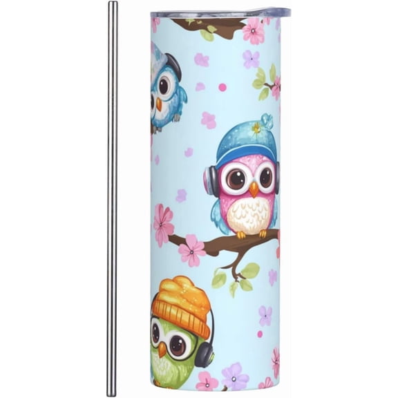 Owls Skinny Tumbler 20oz,Colorful Woodland Owl Stainless Steel Insulated Tumblers Coffee Travel Mug Cup Water Bottle,Owls Lovers Gifts for Women Girls Birthday Christmas Holiday Gifts