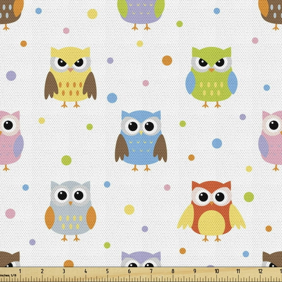Ambesonne Owls Fabric by the Yard Upholstery, Angry Funny Cartoon, 5 Yards, Multicolor