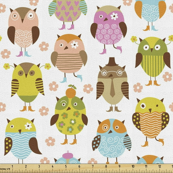 Ambesonne Owls Fabric by the Yard Upholstery, Daisies Sunglasses Stripes, 3 Yards, Multicolor