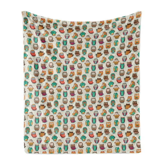 Owls Soft Flannel Fleece Throw Blanket, Cartoon Style Cheerful Animal with Native Prehistoric Patterns Funny Childish, Cozy Plush for Indoor and Outdoor Use, 50" x 70", Multicolor, by Ambesonne
