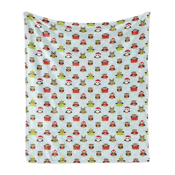 Owls Soft Flannel Fleece Throw Blanket, Christmas Theme with Celebration Santa Claus Pine Tree Owls with Presents, Cozy Plush for Indoor and Outdoor Use, 70" x 90", Multicolor, by Ambesonne