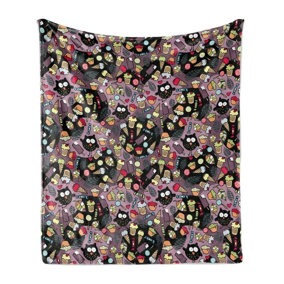 Owls Soft Flannel Fleece Throw Blanket, Crazy Owls and Tasty Delicious Sweets Cupcakes Ice Cream Candy and Abstract Leaves, Cozy Plush for Indoor and Outdoor Use, 50" x 70", Multicolor, by Ambesonne