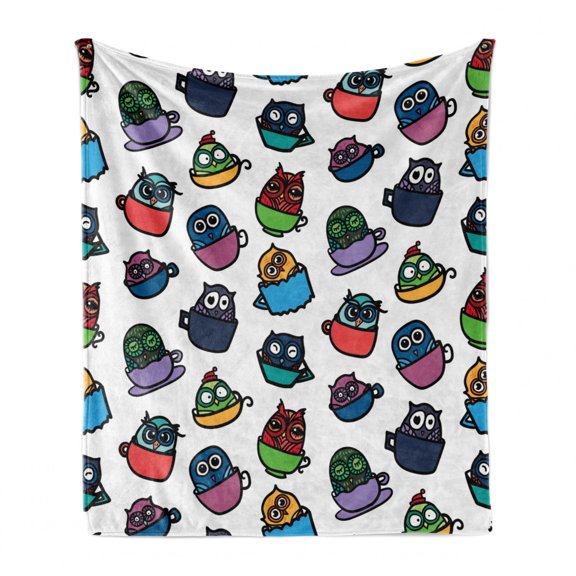 Owls Soft Flannel Fleece Throw Blanket, Funny Owl in a Coffee Tea Espresso Mug Cup Morning Cafe Childish Cheerful Art, Cozy Plush for Indoor and Outdoor Use, 60" x 80", Multicolor, by Ambesonne