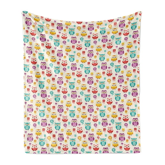 Owls Soft Flannel Fleece Throw Blanket, Lilies Popies and Daisies Lively Colored Childish Nostalgic Characters Kids Design, Cozy Plush for Indoor and Outdoor Use, 50" x 60", Multicolor, by Ambesonne