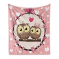 thumbnail image 1 of Owls Soft Flannel Fleece Throw Blanket, Owl Couple on Tree Branch Floral Wreath Celebrations Cheerful Art, Cozy Plush for Indoor and Outdoor Use, 60" x 80", Coral Brown Pale Yellow, by Ambesonne, 1 of 5