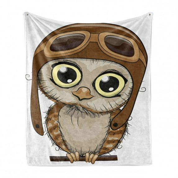 Owls Soft Flannel Fleece Throw Blanket, Owl in Pilot Hat Big Eyes Caricature Characters Wildlife Humor Comic, Cozy Plush for Indoor and Outdoor Use, 70" x 90", Yellow Brown Cocoa, by Ambesonne