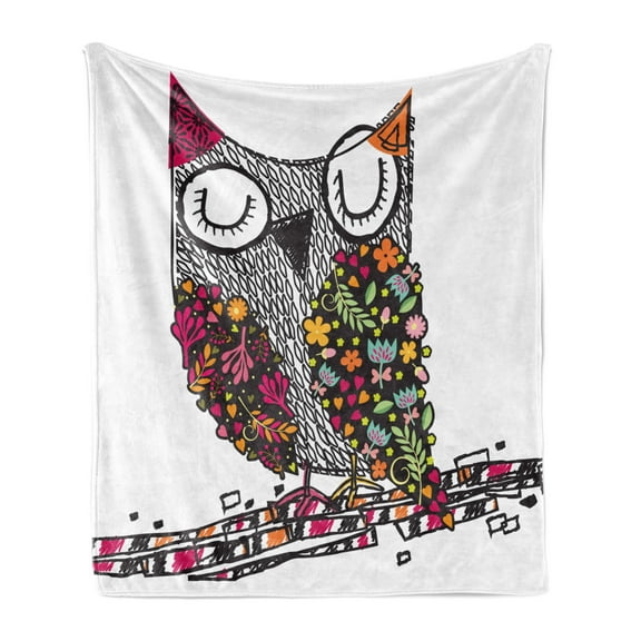 Owls Soft Flannel Fleece Throw Blanket, Owl Shaped by Geometric Floral Blooms Plants Patterns Colorful Doodle Design, Cozy Plush for Indoor and Outdoor Use, 70" x 90", Multicolor, by Ambesonne