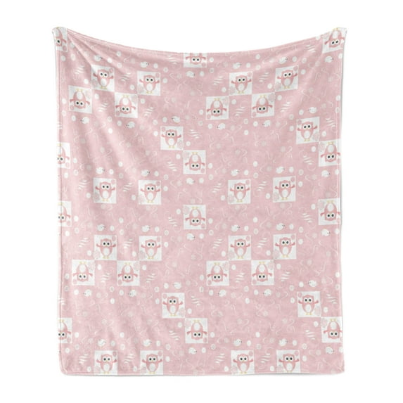 Owls Soft Flannel Fleece Throw Blanket, Pastel Owls and Little Birds on Floral Backdrop Girlish Pattern Swirls, Cozy Plush for Indoor and Outdoor Use, 50" x 60", Pale Pink White, by Ambesonne