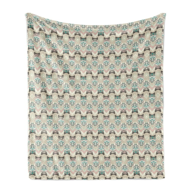 Owls Soft Flannel Fleece Throw Blanket, Pattern with Native an Geometric Ornaments Horizontal Zigzag Lines, Cozy Plush for Indoor and Outdoor Use, 50" x 60", Tan Turquoise Pale Pink, by Ambesonne