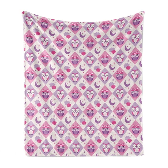 Owls Soft Flannel Fleece Throw Blanket, Sleeping Owls in Diamond Pattern Half-Moon Stars Clouds Night Time Goodnight Art, Cozy Plush for Indoor and Outdoor Use, 60" x 80", Pink Lavender, by Ambesonne