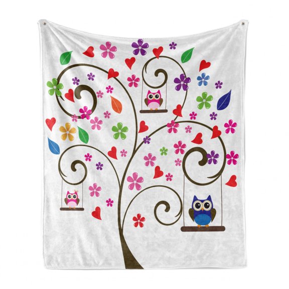 Owls Soft Flannel Fleece Throw Blanket, Tree with Flowers and Owls Swinging Curvy Ornamental Lines Playful Design, Cozy Plush for Indoor and Outdoor Use, 70" x 90", Multicolor, by Ambesonne