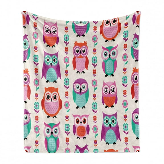 Owls Soft Flannel Fleece Throw Blanket, Owls in Vertical Line Flower Strings Vibrant Spring Colors Art, Cozy Plush for Indoor and Outdoor Use, 60" x 80", Orange Fuchsia Seafoam, by Ambesonne