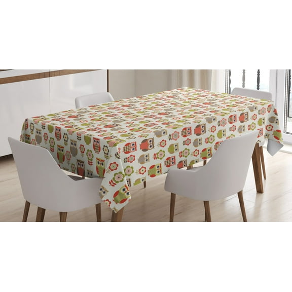 Owls Tablecloth, Ornate Owl Birds with Different Retro Style Patterns Blooming Flowers Lovely Childhood, Rectangular Table Cover for Dining Room Kitchen, 60 X 84 Inches, Multicolor, by Ambesonne