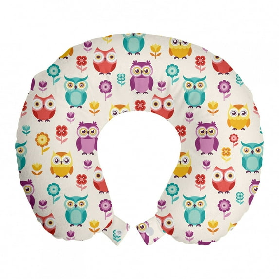 Owls Travel Pillow Neck Rest, Lilies Popies and Daisies Lively Colored Childish Nostalgic Characters Kids Design, Memory Foam Traveling Accessory Airplane and Car, 12", Multicolor, by Ambesonne