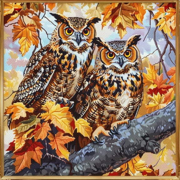 Owls in Tree DIY 11CT Stamped Cross Stitch Kits for Beginners Easy Needlepoint Embroidery Counted Cross Stitch Art Craft for Wall Decoration 14x14inch(5)