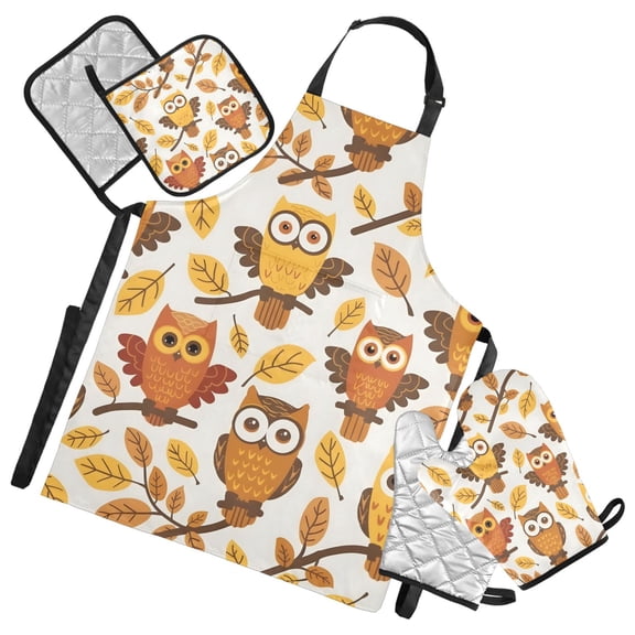 Owls and Fall Leaf 5 Pcs Kitchen Set Heat Resistant Oven Mitts and Non-Slip Pot Holders with Adjustable Cooking Apron
