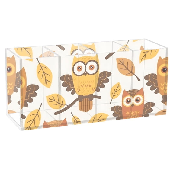 Owls and Fall Leaf Acrylic Pen Holder 4 Compartments Clear Pencil Organizer Cup Makeup Brush Holder for Office Desk Classroom Home